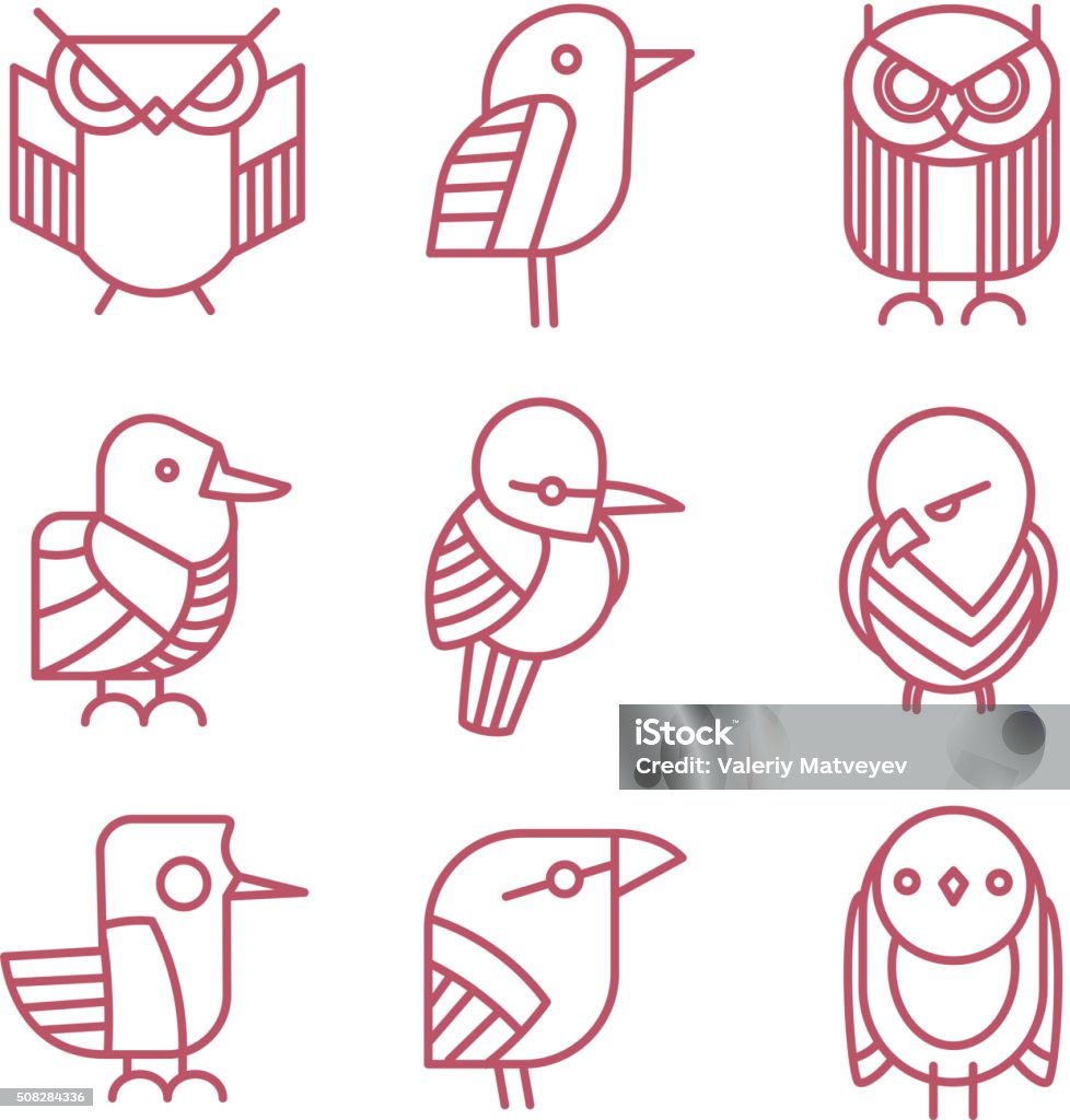 Bird vector linear icons set Bird vector linear icons set. Bird icon, nature bird animal, sparrow bird, dove bird emblem, wild bird owl illustration Animal stock vector