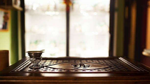 Tea shop with blurred background, tray for traditional ceremony, interior stock photo