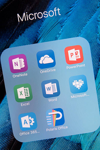 Microsoft  apps on Apple iPhone 6S Plus Screen Antalya, Turkey - February 02, 2016 : A close up of an Apple iPhone 6S Plus screen showing  microsof apps, including OneNote,OneDrive, PowerPoint, Excel, Word, Microsoft Healing, Office 365 and Polaris Office. The iPhone 6S Plus is  designed by Apple Inc. microsoft stock pictures, royalty-free photos & images