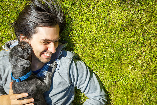 Little Pet Dog and His Owner Having Fun Outdoors stock photo