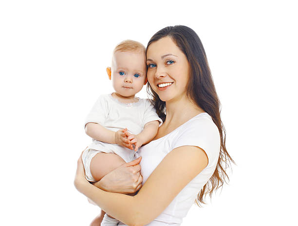 istock Happy smiling mother with baby over white background 508291434