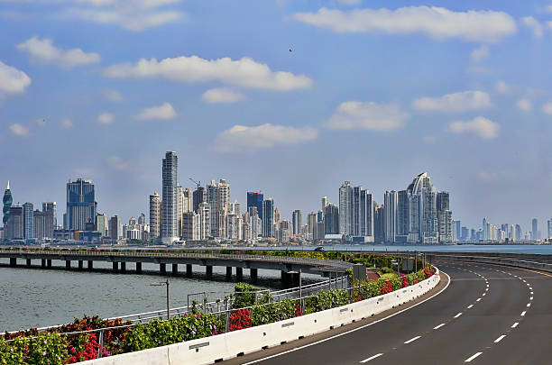 Panama City, Panama. Causeway and Skyline, Financial District Panama City, Panama. Causeway and Skyline with view of the Financial District.  panama city panama stock pictures, royalty-free photos & images