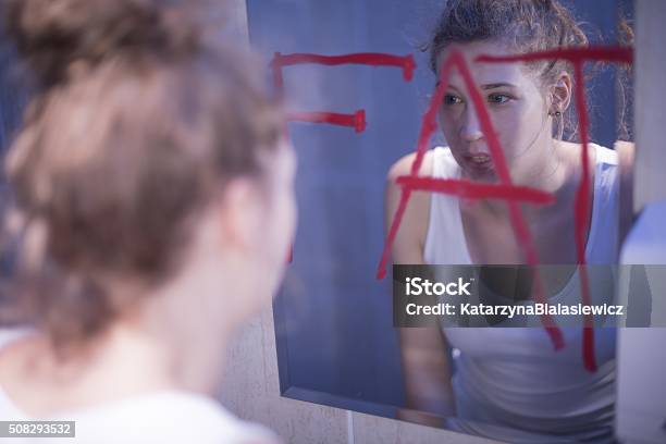 Fat Writing On Mirror Stock Photo - Download Image Now - Teenager, Anorexia Nervosa, Mirror - Object