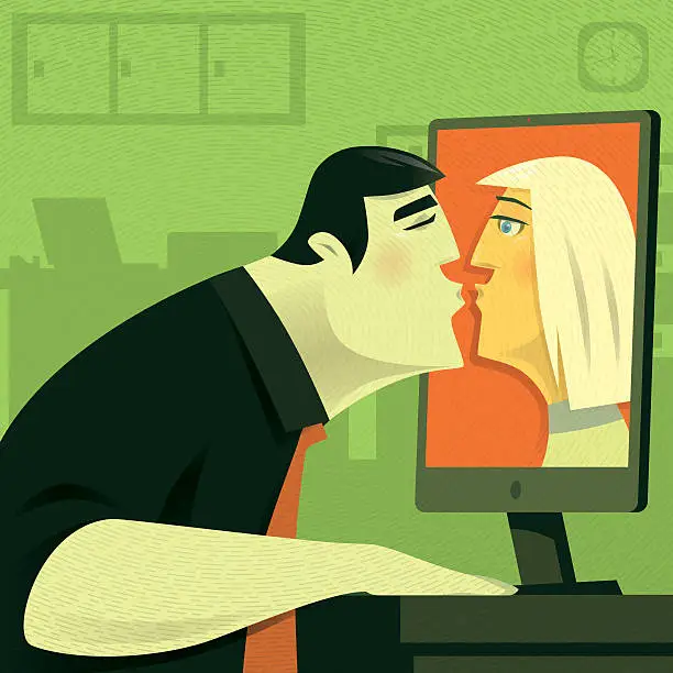 Vector illustration of couple kissing via computer