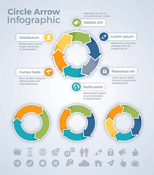 ilustraciones, imágenes clip art, dibujos animados e iconos de stock de círculo infografía flecha - three objects arrow sign circle chart