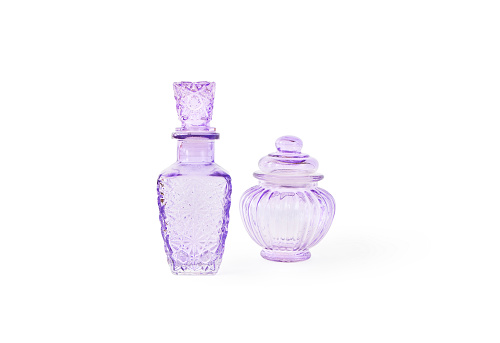 purple glass carafes and sugar-bowl isolated