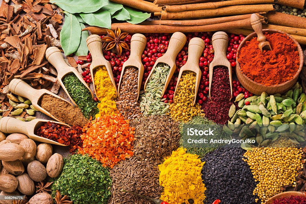 composition with different spices and herbs colorful composition with different spices and herbs Chili Pepper Stock Photo