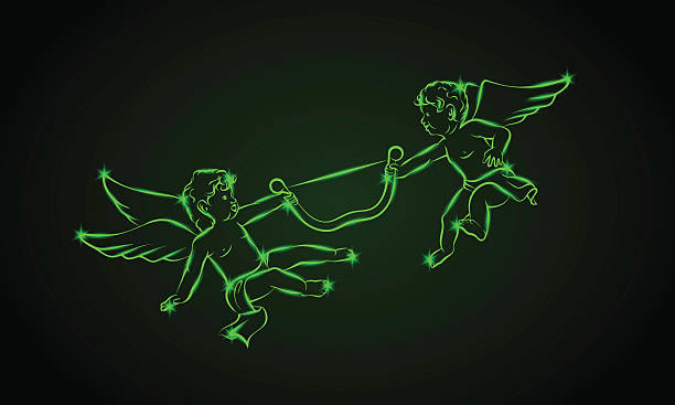 Neon glowing cupid angels fun fight for the one bow Neon glowing cupid angels fun fight for the one bow, valentine's day card decoration. winged cherub stock illustrations