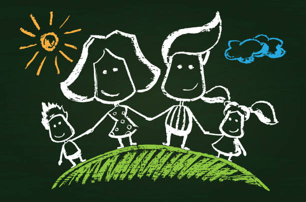 ilustracja przedstawiająca chalked szczęśliwa rodzina - child mother illustration and painting little boys stock illustrations