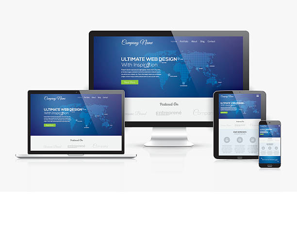 bildbanksillustrationer, clip art samt tecknat material och ikoner med responsive web design template realistic vector devices concept - webbdesign