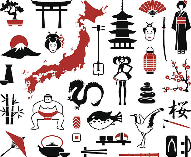 Japan icons Traditional symbols of Japan. Two-coloured icons japanese dragon stock illustrations