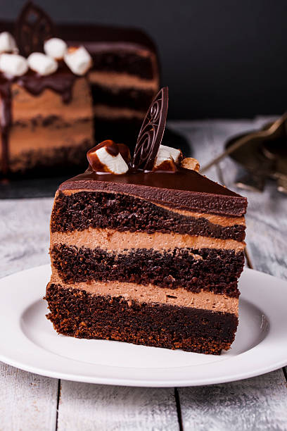 istock Delicious chocolate cake in white plate on wooden table background 508312374