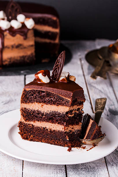 istock Delicious chocolate cake in white plate on wooden table background 508313168