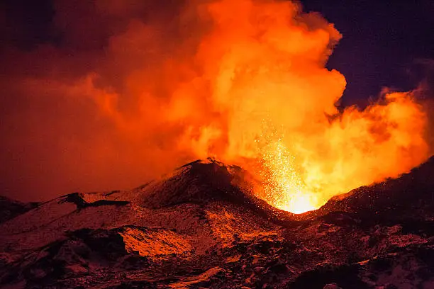 Volcanic eruption in the winter on Kamchatka
