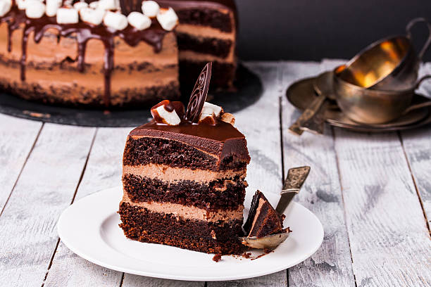 istock Delicious chocolate cake in white plate on wooden table background 508313518