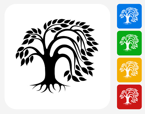 Tree Icon. This 100% royalty free vector illustration features the main icon pictured in black inside a white square. The alternative color options in blue, green, yellow and red are on the right of the icon and are arranged in a vertical column.