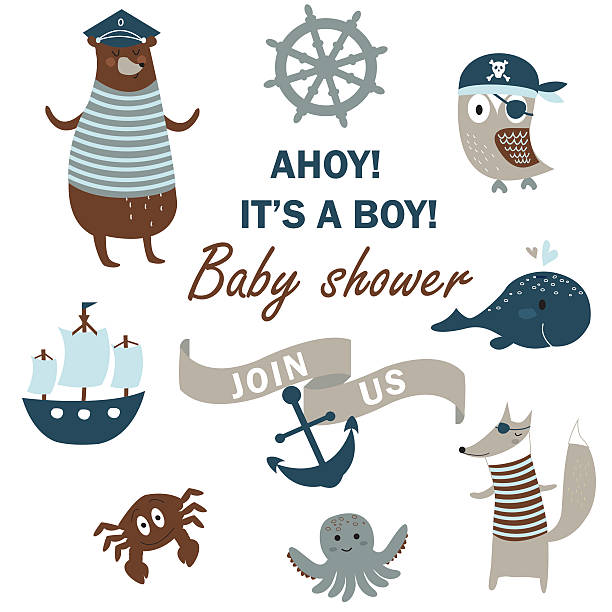 ilustraciones, imágenes clip art, dibujos animados e iconos de stock de ahoyboybabyshowerblue - symbol sea animal owl