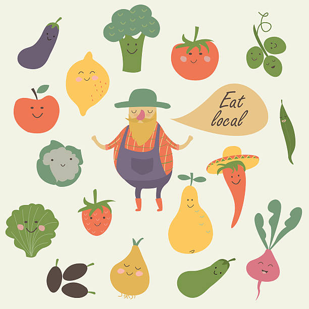 eatlocalfarmer Vector illustration of farm fruits and vegetables with funny farmer in cartoon style. 'Eat local' poster. perfect pear stock illustrations