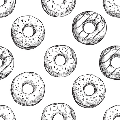Hand drawn vector illustration - Seamless pattern with tasty donuts. Sketch. Sweet desserts
