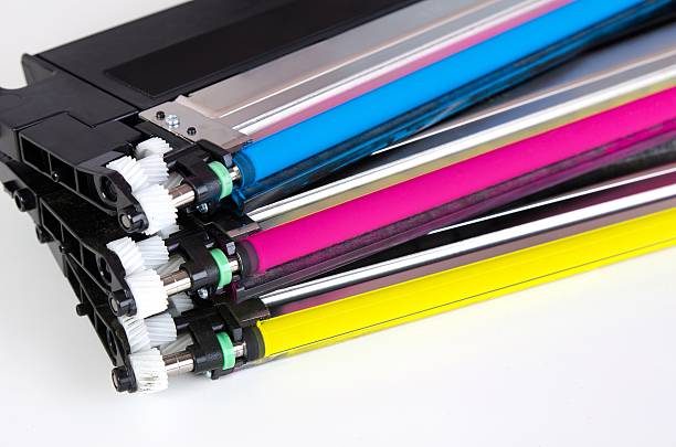 Toner cartridge set for laser printer. Computer supplies. Toner cartridge set for laser printer. Computer supplies on white background. bullet cartridge photos stock pictures, royalty-free photos & images