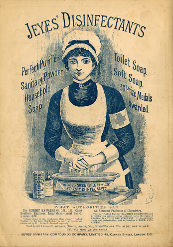 London, England - January 28, 2016: A Jeyes' Disinfectants advertisement from around 1890, featuring a nurse washing her hands. From “At Home’ by Grace Stebbing. Published by John F Shaw & Co, in the “Shaw’s Playtime Stories” series, c1890. (Scanned 16 January 2016 and processed 28 January 2016.)