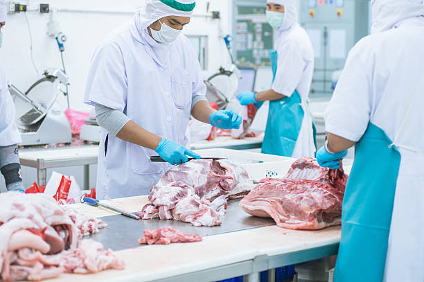 istock cutting meat slaughterhouse workers in the factory 508322832