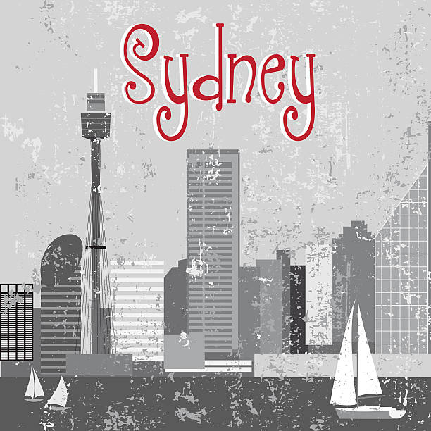 Grey Sydney sityscape Grey Sydney sityscape on grunge background sydney ferry stock illustrations