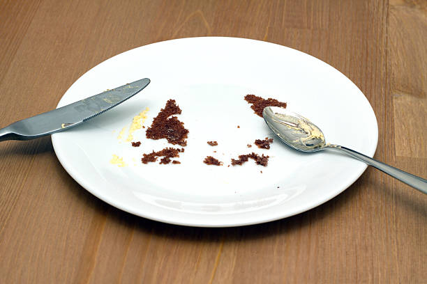 istock Empty round white plate with traces of eaten cake closeup 508323596