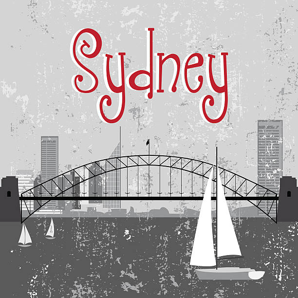 Sydney Harbour Bridge Grey Sydney Harbour Bridge on grunge background sydney ferry stock illustrations