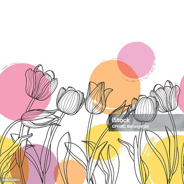 Black And White Hand Drawn Tulip Flowers And Watercolor Blots Stock Illustration - Download Image Now