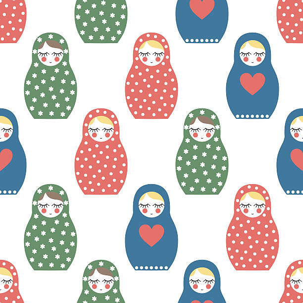 중첩됨 인형 이음새 없는 패턴. 귀여운 압살했다 텍사스식 인형-matrioshka - doll russian nesting doll nested family stock illustrations