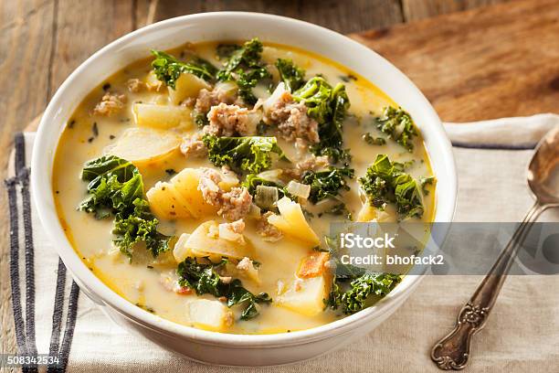 Homemade Warm Creamy Tuscan Soup Stock Photo - Download Image Now - Appetizer, Bacon, Bowl