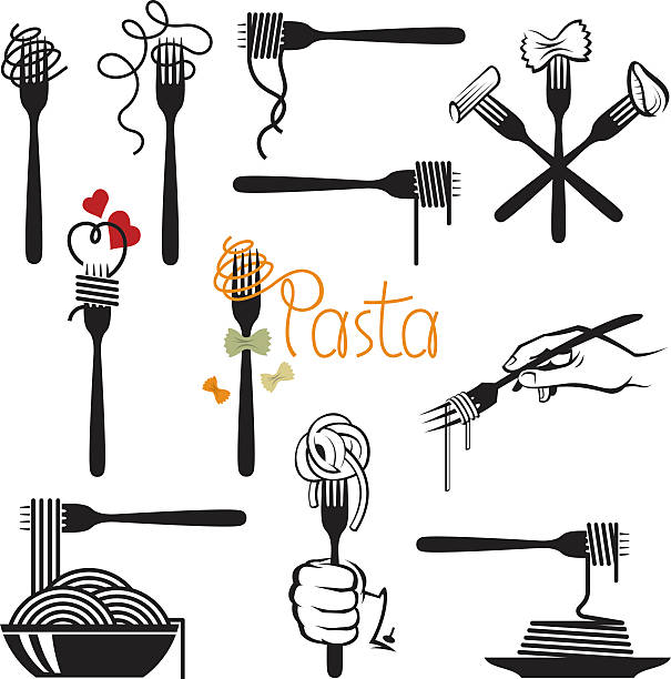 set of pasta elements collection of fork and dish with various pasta spaghetti stock illustrations