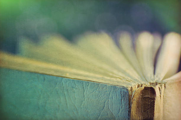 istock Macro of old blue book, bokeh light background 508346954
