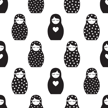 Nested doll seamless pattern. Cute wooden Russian doll - Matrioshka. Black and white nested doll Matrioshka illustration.