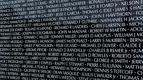Hamburg, MI, USA - August 30, 2014: Close-up of names on the traveling Moving Wall Vietnam War memorial exhibit in Hamburg, MI on August 30, 2014.
