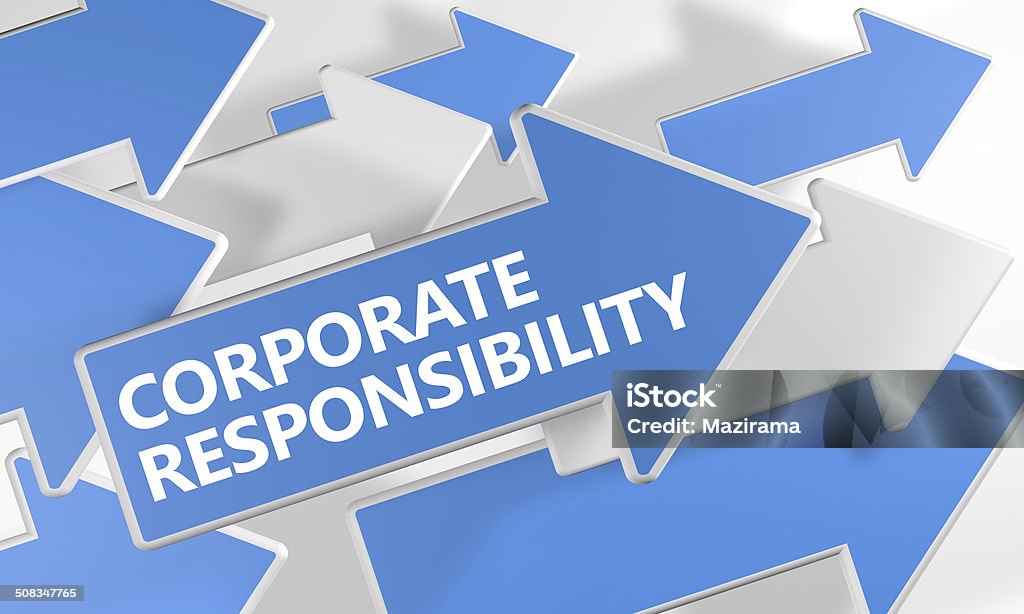 Corporate Responsibility Corporate Responsibility 3d render concept with blue and white arrows flying over a white background. Business Stock Photo