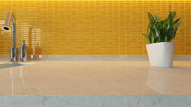 yellow ceramic modern kitchen design stock photo