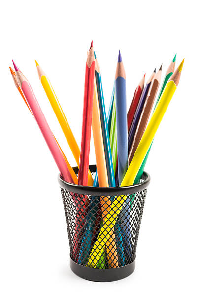 istock Color pencil in a metal container isolated on white background 508349402
