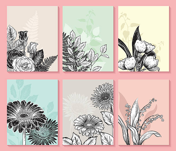 Botanical Flowers Invitation Templates Botanical Flowers Invitation Templates. Features hand drawn flowers in vintage style. Room for text. Ideal for a party invitation, bridal show or save the date card. lily of the valley antique botanical engraving stock illustrations