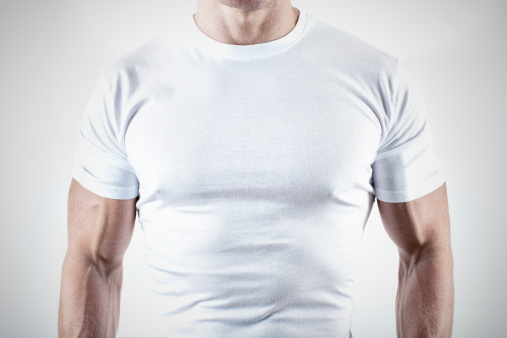 Muscular Male wearing White T-Shirt.