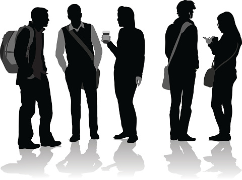 A vector silhouette illustration of a group of young students standing together and socializing.  Three young adults engaging in conversation, one yopung man wearing a back pack, and a young women holding a coffee cup.  Another young man wears a shoulder bag and listens to headphones while another young women texts on her phone.