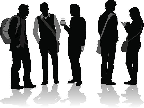 Student Friends A vector silhouette illustration of a group of young students standing together and socializing.  Three young adults engaging in conversation, one yopung man wearing a back pack, and a young women holding a coffee cup.  Another young man wears a shoulder bag and listens to headphones while another young women texts on her phone. body talk stock illustrations