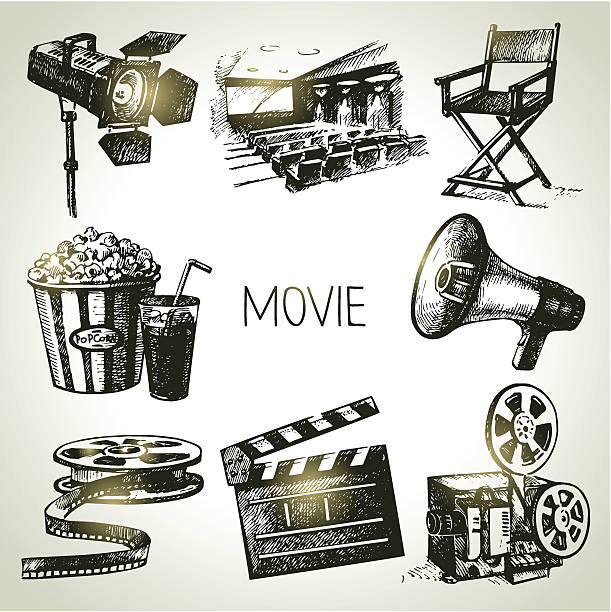 набор кино и кино - кинокамера иллюстрации stock illustrations