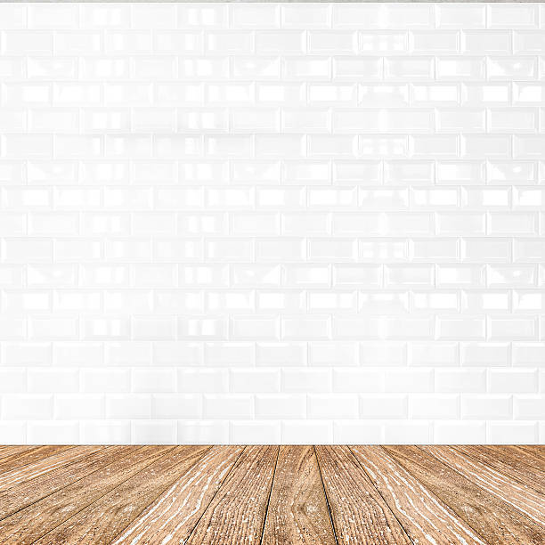 istock Room perspective,white ceramic tile wall and wooden ground, Mock 508355432