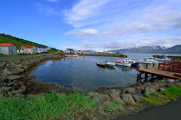 Hjalteyri, Iceland - July 20, 2014: Fishing Village, view towards the old herring factory.