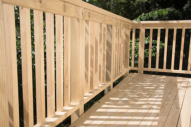 istock New deck patio built of wood, pine timber 508374190