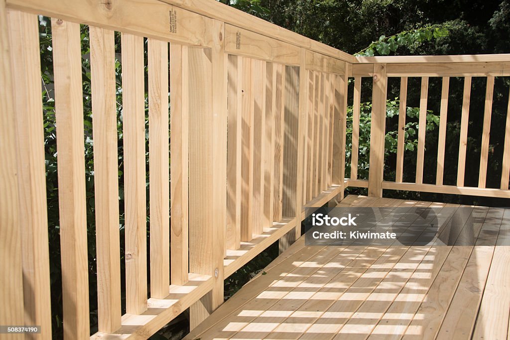 New deck patio built of wood, pine timber Newly built deck Deck Stock Photo