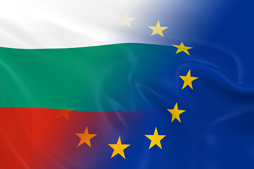 Bulgarian and European Relations Concept Image - Flags of Bulgaria and the European Union Fading Together