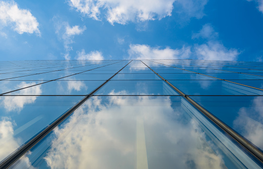 Looking up glass facade of skyscraper named Prime Tower at City of Zürich on a cloudy winter day. Photo taken January 16th, 2023, Zurich, Switzerland.